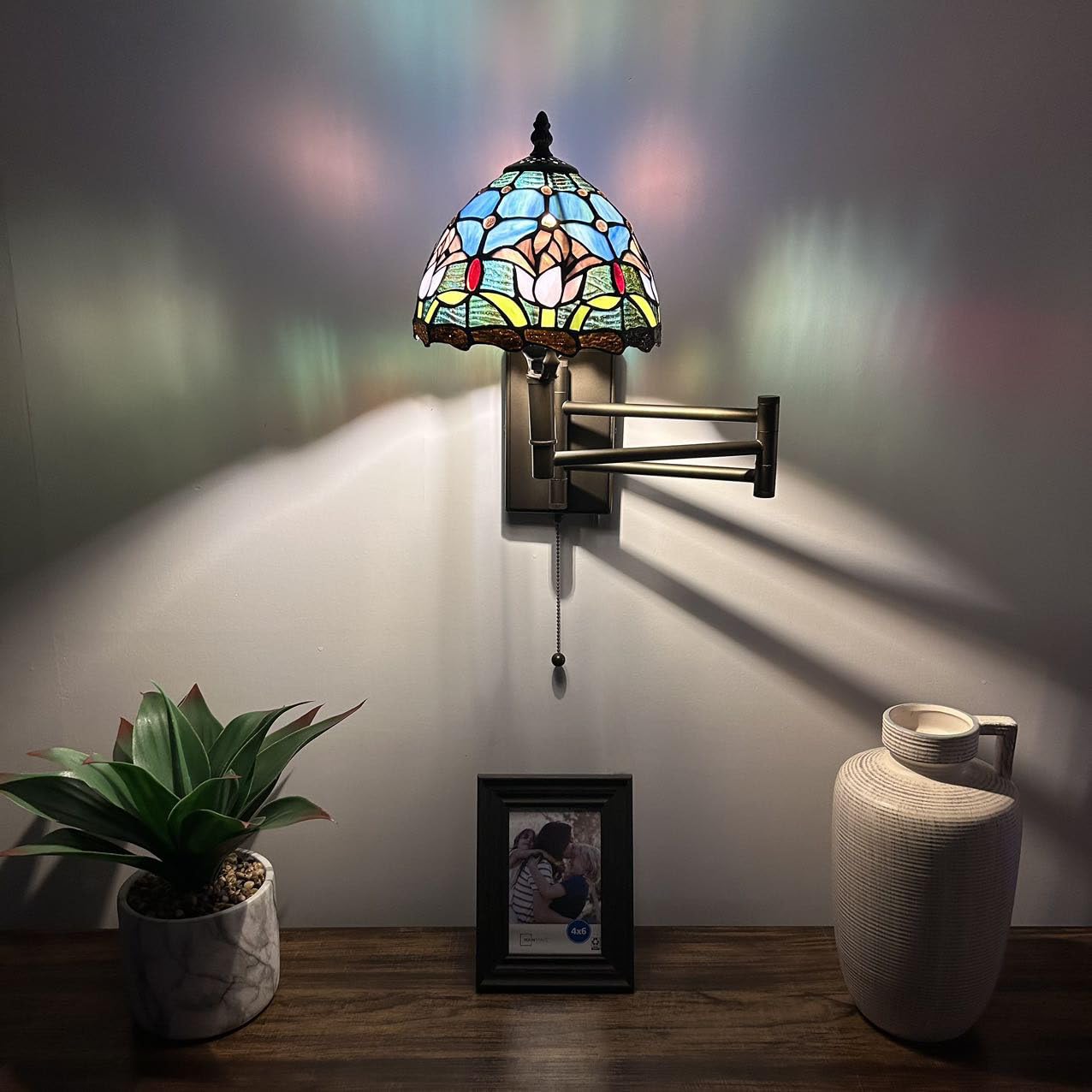 enjoy decor lamps Tiffany Sconce Lamp Swing Arm Blue Stained Glass Purple Tulips Pull Chain Switch LED Bulb Included for Bedroom Living Room