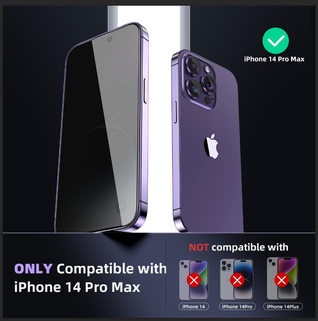 Ruwa Privacy Screen Protector for iPhone 14 Pro Max [3-Pack] [6.7 Inch] Display Tempered Glass Film with Easy Installation Alignment Frame, 9H