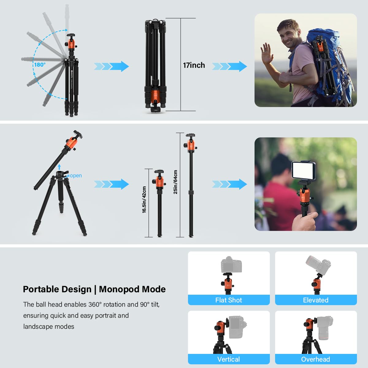 GEEKOTO 65" Carbon Fiber Camera Tripod,Heavy Duty Tripod with 360° Ball Head, 1/4" Quick Release Plate, Supports 26.5 lbs, Converts to Monopod