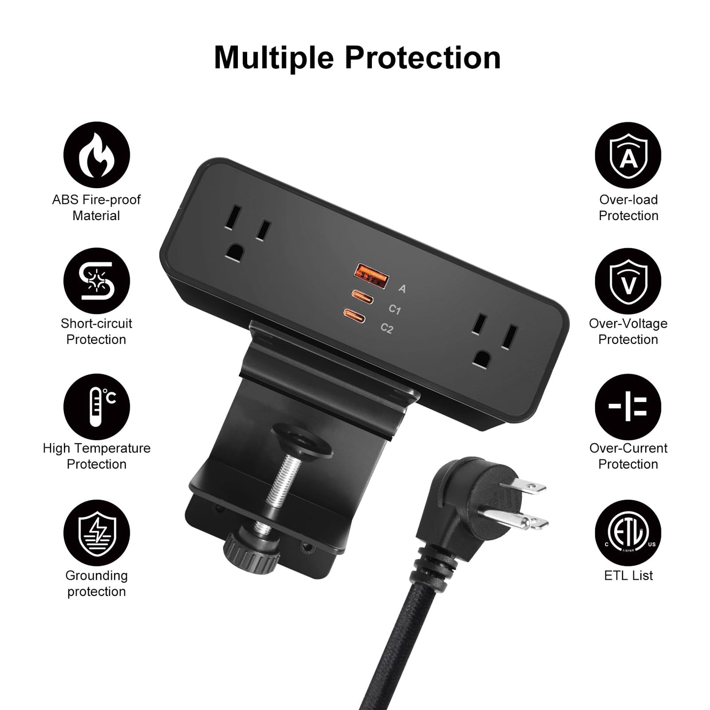 Desk Clamp Power Strip USB C 100W, Desktop Edge Mount Fast Charge Station 3 PD USB Port 2 AC Outlets 6ft Braided Extension Cord Flat Plug Fit Max