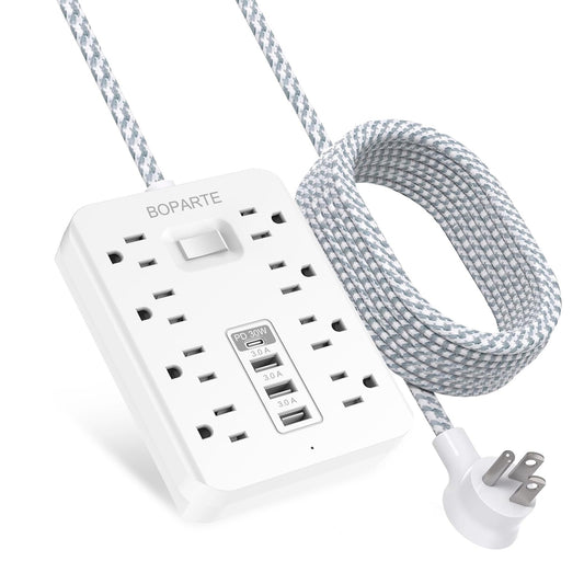 BOPARTE Surge Protector Power Strip, 10 Ft Extension Cord with PD 30W USB C Port, 8 AC Outlets and 3 USB A Ports for Home, Office, Dorm Essentials