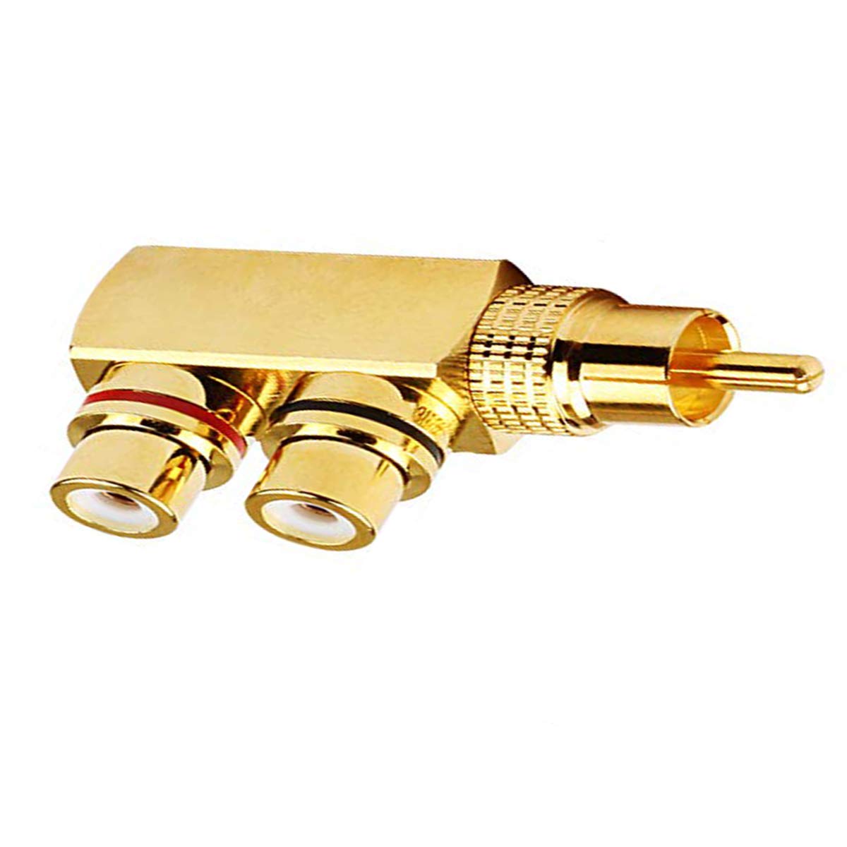 LYLGO 2 Pack Gold-Plated 90 Degree Right Angle RCA Male to 2 RCA Female Jack Audio Video TV Adapters