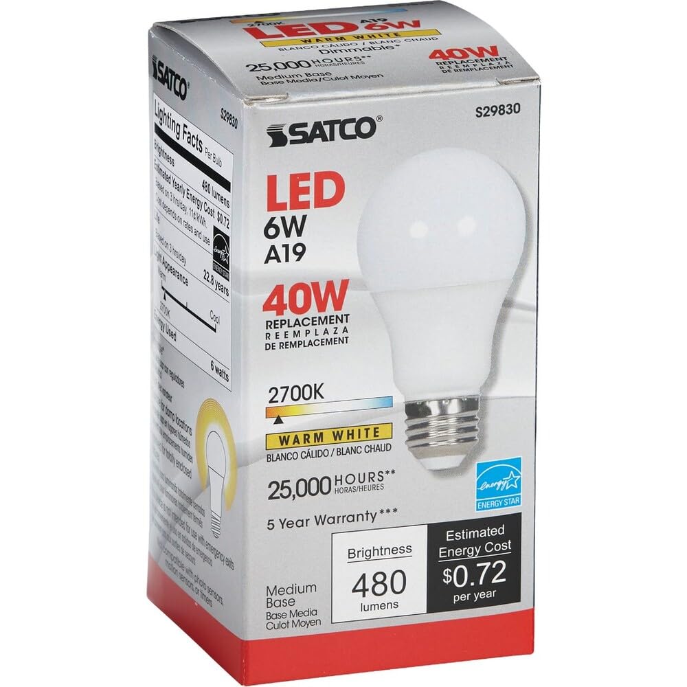 Satco 40W Equivalent Warm White A19 Medium Dimmable LED Light Bulb - 1 Each