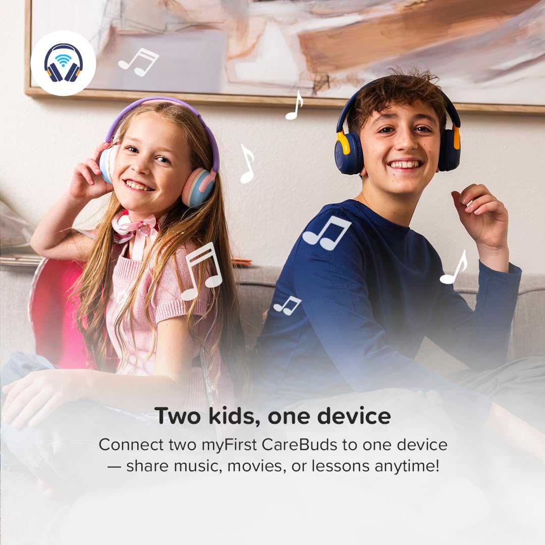 myFirst CareBuds Max Kids Headphones, Wireless & Wired Bluetooth Headphones for Kids with Mic, 85/94dB Volume Limit, 52H Playtime, Fast Charge, Dual