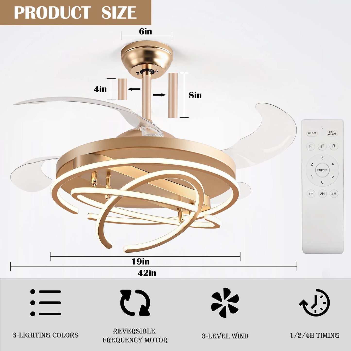 LWestine 42" Retractable Ceiling Fans with Lights Remote Control, Modern Ceiling Fan Rings LED Chandeliers, Invisible Ceiling Fans Fandelier with 4
