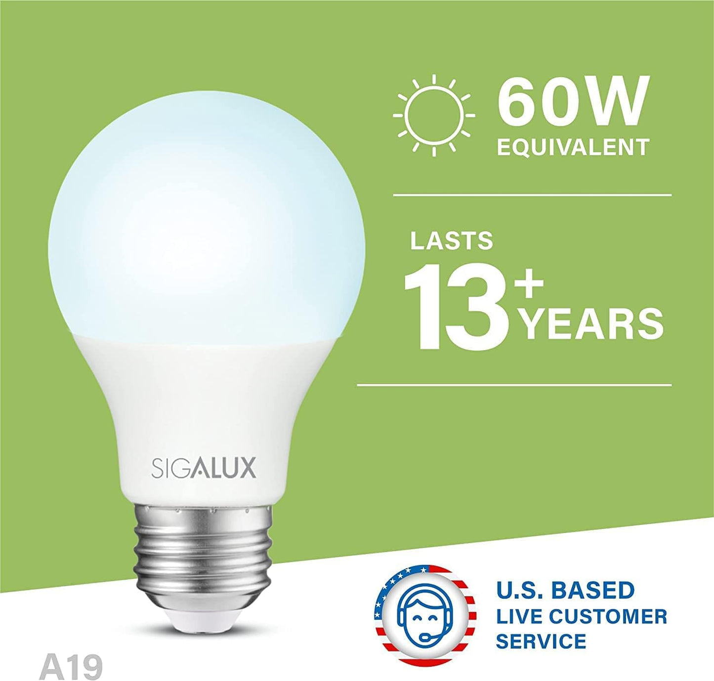 Sigalux 60W Equivalent A19 LED Light Bulb, Daylight Led Light Bulbs 5000K 800LM E26 Medium Base, Non-Dimmable LED 9.5 Watt Standard Light Bulbs, UL