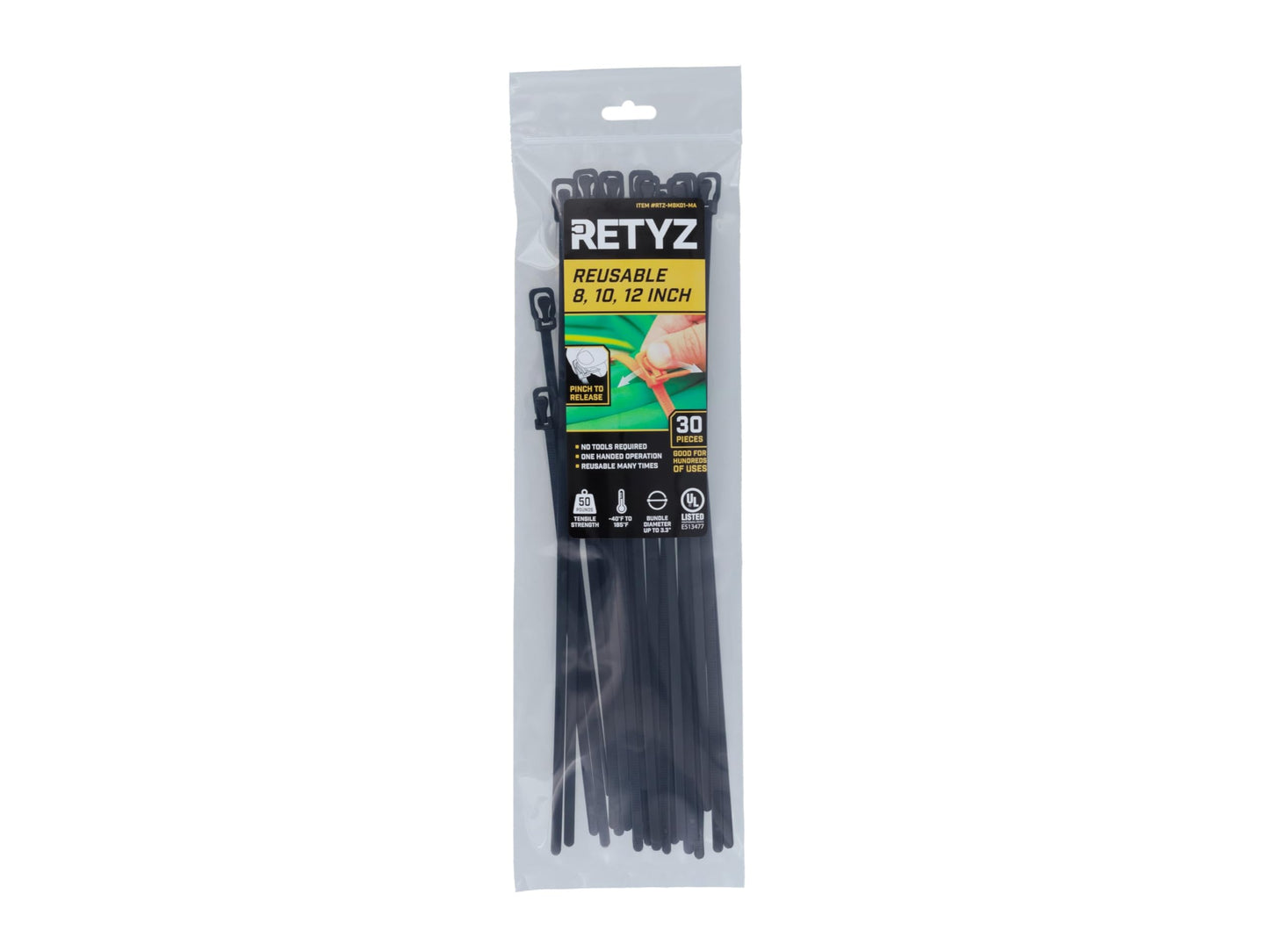RETYZ Releasable Cable Ties Combo Pack, 30 Pack, 50 lb Tensile Strength, Multi-Size (8-Inch, 10-Inch, 12-Inch), All Black, Heavy Duty Zip Ties