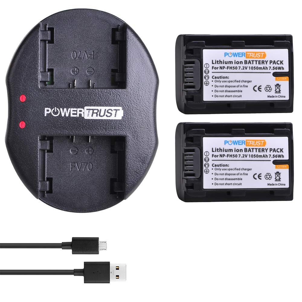 PowerTrust 2-Pack NP-FH50 Battery + USB Dual Charger for Sony NP-FH40 NP-FH30 Series Batteries and DSC-HX1 HX100 HX100V HX200 HX200V HDR-TG1E TG3 TG5