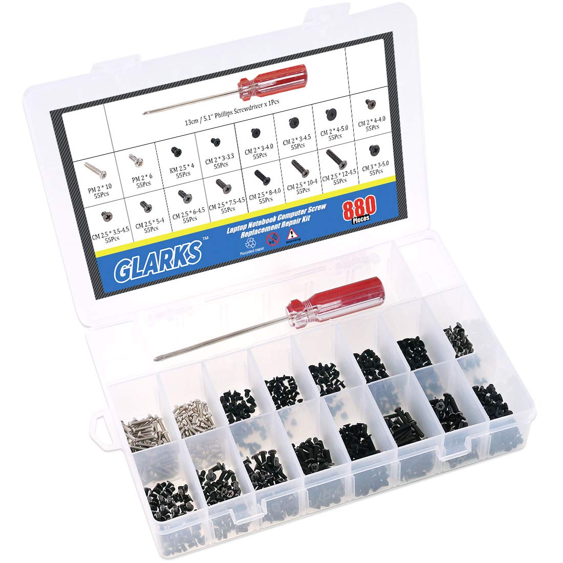 Glarks 880pcs Laptop Notebook Computer Screw Replacement Repair Kit for Lenovo Dell Toshiba Sony Samsung HP Gateway (Extra: Phillips Screwdriver)