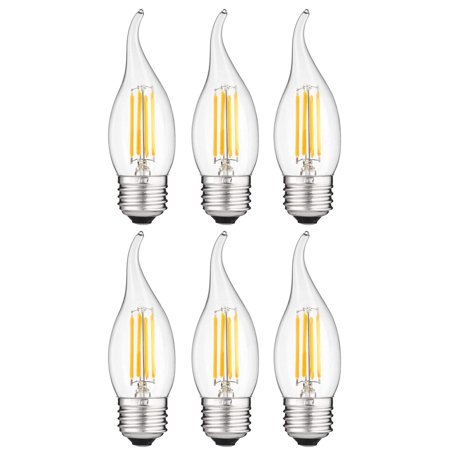 Sunlite LED Filament CA11 Flame Tip Chandelier Light Bulb, 4 Watts (40W Equivalent), Medium E26 Base, Clear Glass, Dimmable, 2700K Soft White, 6 Pack