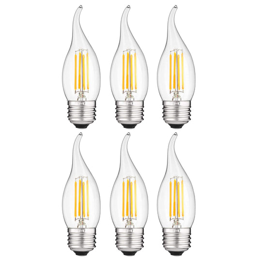 Sunlite LED Filament CA11 Flame Tip Chandelier Light Bulb, 4 Watts (40W Equivalent), Medium E26 Base, Clear Glass, Dimmable, 2700K Soft White, 6 Pack