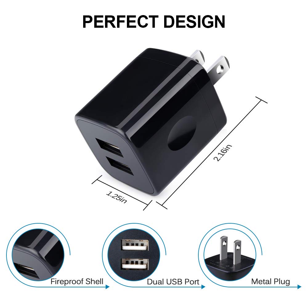 Charger Box, Charging Cube 5 Pack, Dual USB Wall Charger 5V 2A Power Adapter Charging Block Brick Outlet Plug for iPhone 15 14 13 12 11, iPad, Samsung