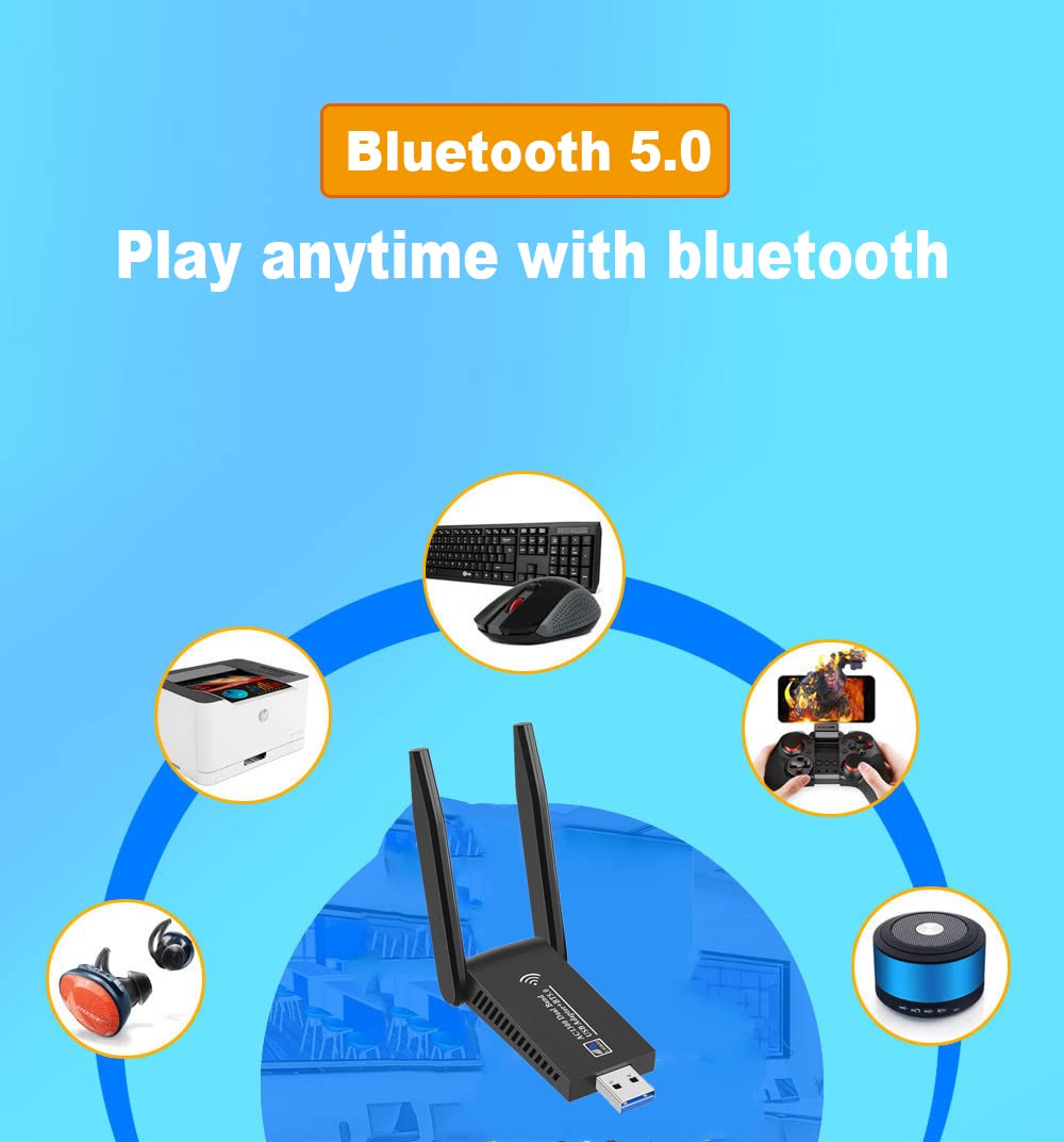 AC1300 Dual Band WiFi Wireless Network Card + BT 5.0 Adapter USB 3.0 1300M 802.11ac Adapter Bluetooth 5.0 with Antenna for Laptop PC 2.4GHz + 5.8GHz