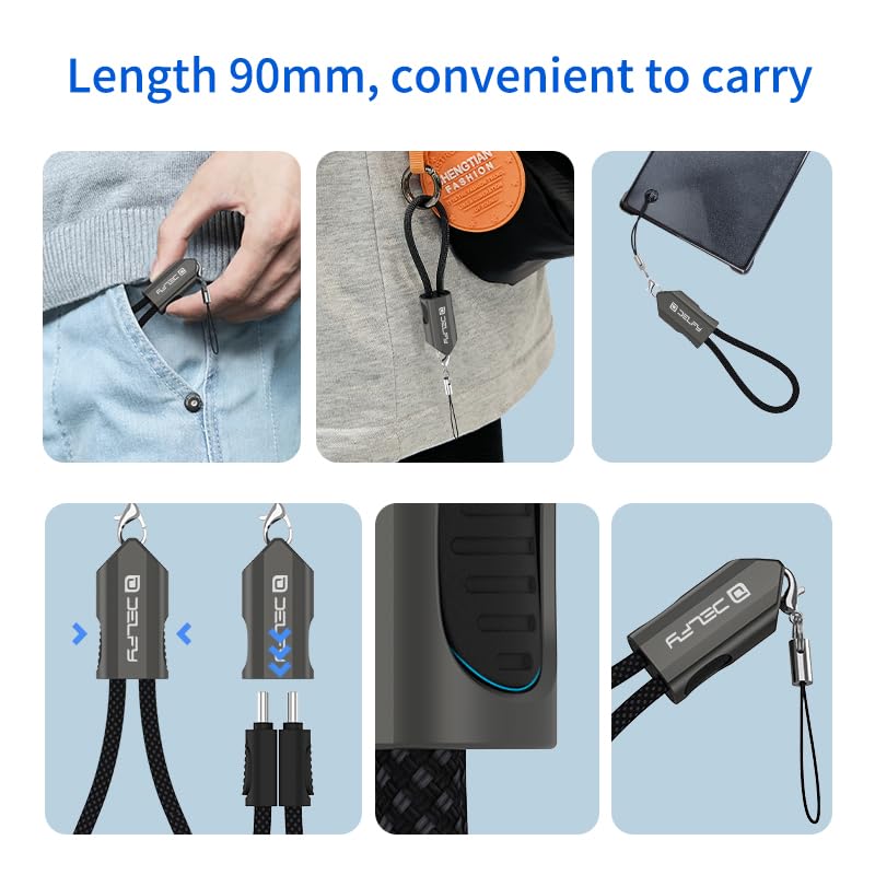 Delfy USB-C to USB-C Keychain Short Cable - 8 Inch Braided Emergency Charger with Zinc Alloy Metal Housing - Compact USB-C Cable for MacBook, iPhone