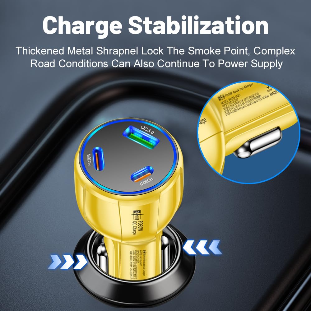 3-Port 90W USB C Car Charger, PD30W & QC3.0 Fast Car Charger Cigarette Lighter Plug Adapter for iPhone/Android/Samsung/iPad (Yellow)