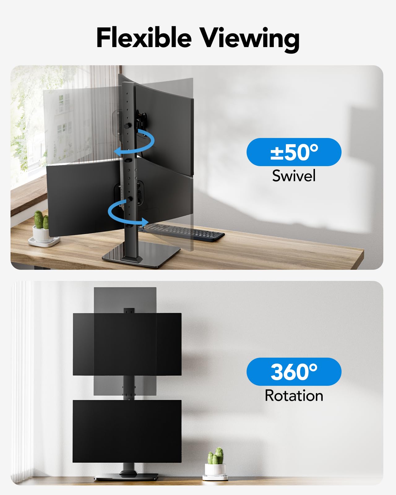 HUANUO Dual Monitor Stand for 13 to 34 Inch, Max Load 44 lbs, Vertical Monitor Mount, Freestanding Monitor Riser with Swivel, Tilt, Rotation, 13