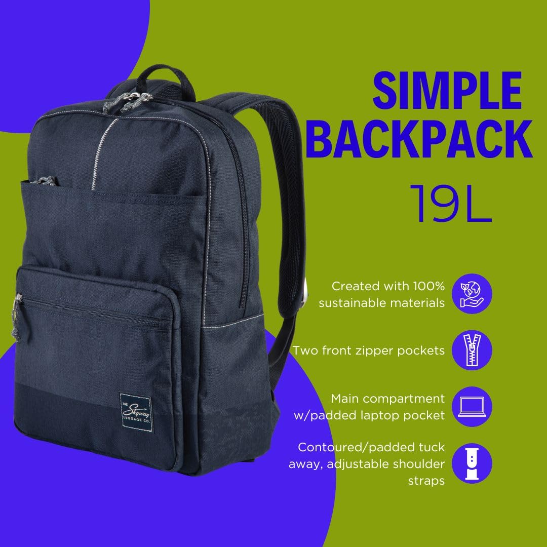 Skyway Luggage Rainier Simple Backpack, Eco-Friendly Made of 100% rPET Travel Laptop Bag for Women & Men, Flight Approved Carry On Bag, 16L, Tahoe