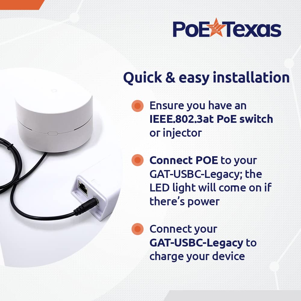PoE Texas PoE+ Power for USB-C Devices, Including Google WiFi & Raspberry Pi - for POS Systems, Digital Signage & More, Extend Power Delivery Up