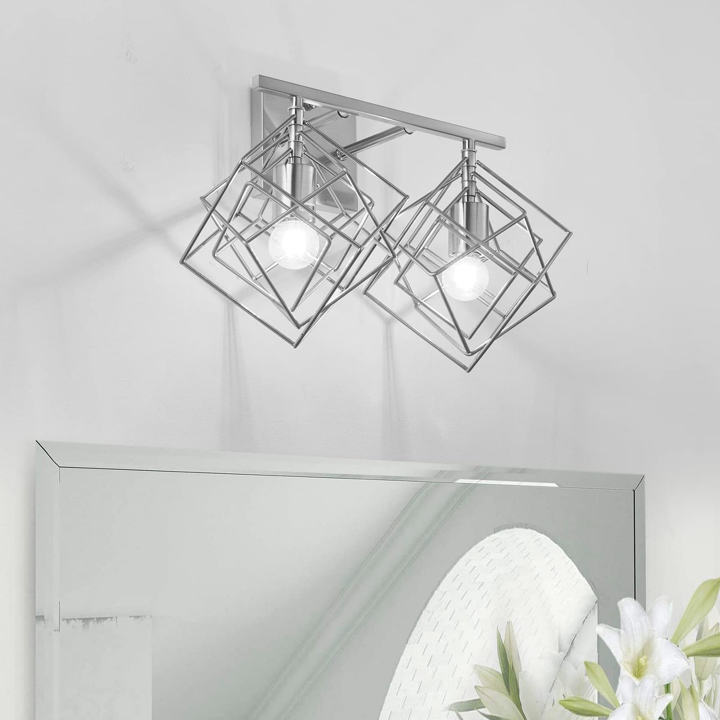 BEHIYA Bathroom Vanity Light with 2 Bulbs Bathroom Light Fixtures Over Mirror with 2 Rotatable Cube Shades Modern Wall Mounted Silver Brushed Nickle