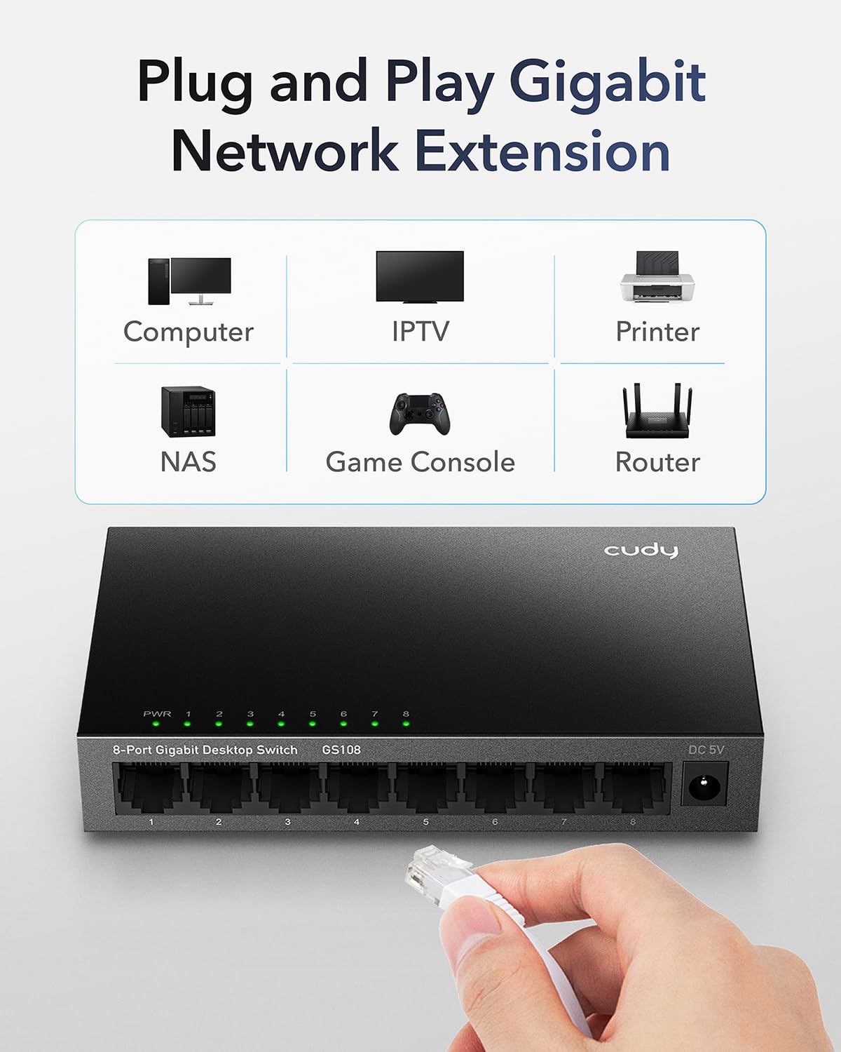 Cudy GS108 8 Port Gigabit Unmanaged Ethernet Network Switch , Ethernet Splitter Plug & Play Fanless Metal Design Shielded Ports Traffic Optimization