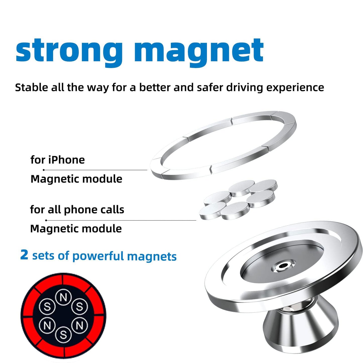 Magnetic Phone Holder for Car, [ 2 Groups Super Strong Magnet ] [ 360° Rotation ] Universal Dashboard Car Mount Holder Compatible with All Smartphones