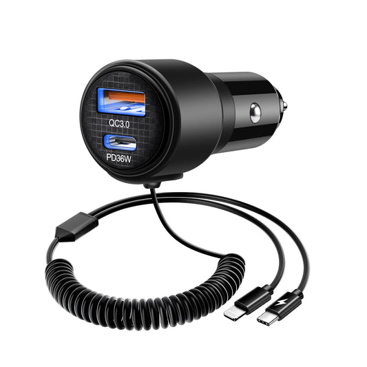 BUNUD Car Charger USB C Fast Charging: 66W USBC & USB-A Dual Ports Cigarette Lighter - USB Car Adapter with Build-in 5FT Coiled Lightning Cable