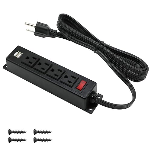 Mountable Power Strip with USB Ports,Wall Mount Power Outlets Screw Down Power Socket in Desk Under Cabinet Power Station 4AC Outlet 2 USB 6.56 Feet