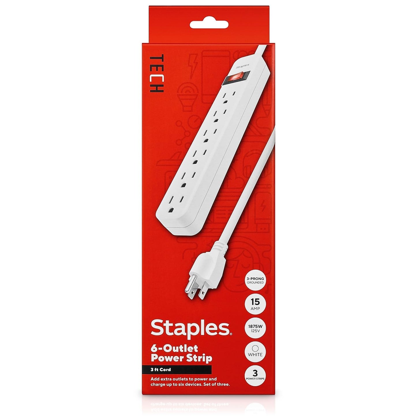 Staples TECH 6?Outlet Power Strip - 3 ft. Extension Cord for Home, Office & Dorm Room Use, White, 3?Pack
