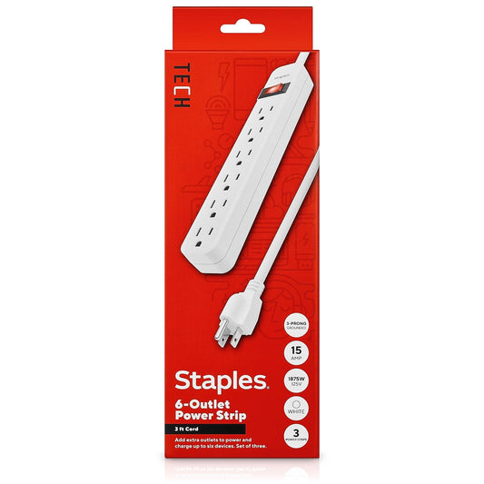 Staples TECH 6?Outlet Power Strip - 3 ft. Extension Cord for Home, Office & Dorm Room Use, White, 3?Pack