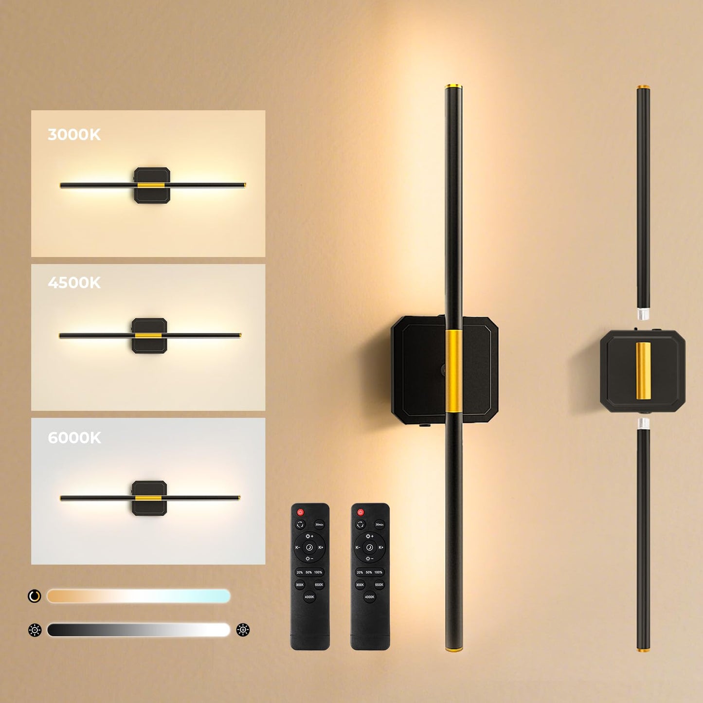 GvvooHome Battery Operated Wall Sconces Set of 2, Detachable 360°Rotate Wall Lamps, 3000-6500K Dimmable with Remote Control, 10000mAh Rechargeable