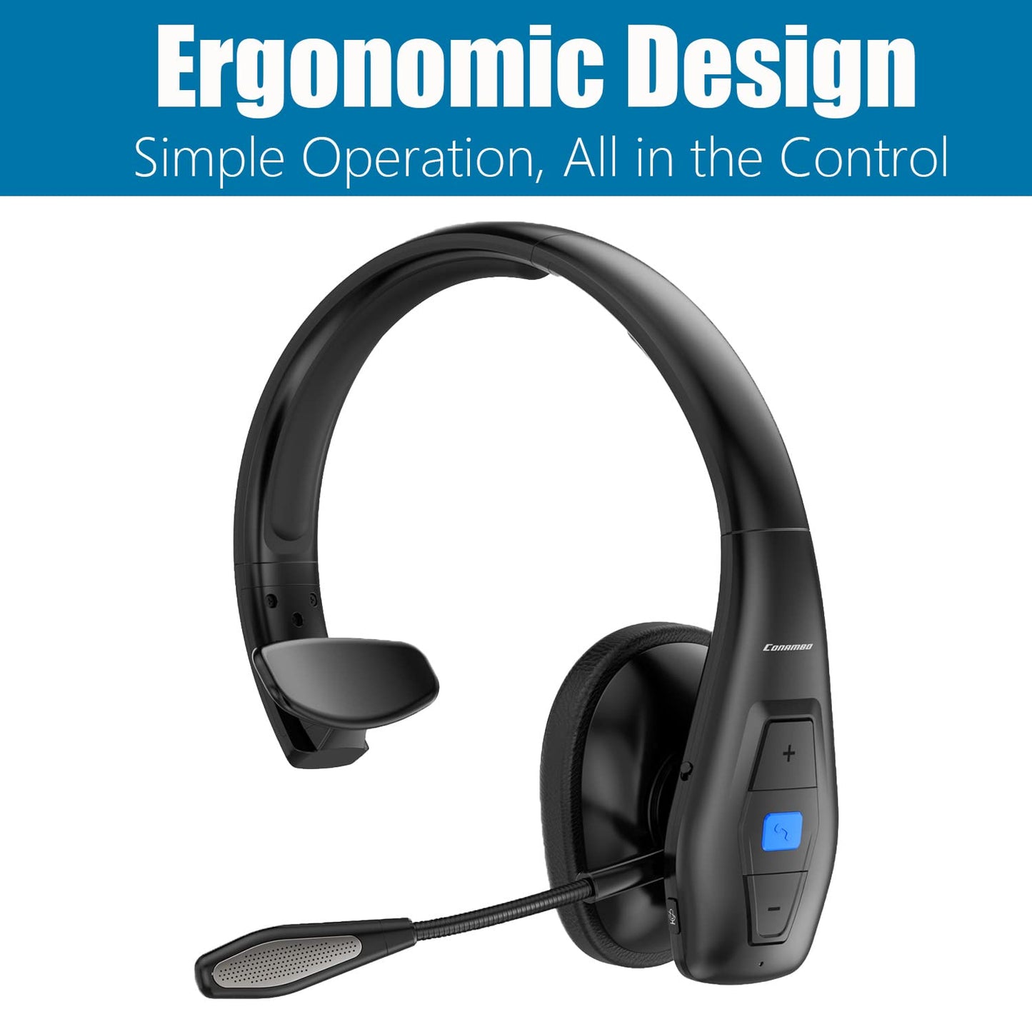 Conambo Trucker Bluetooth Headset - 60Hrs Worktime Trucker headset with CVC8.0 Dual Mic Noise Cancelling, Mute Button, Upgraded Comfort and Durability