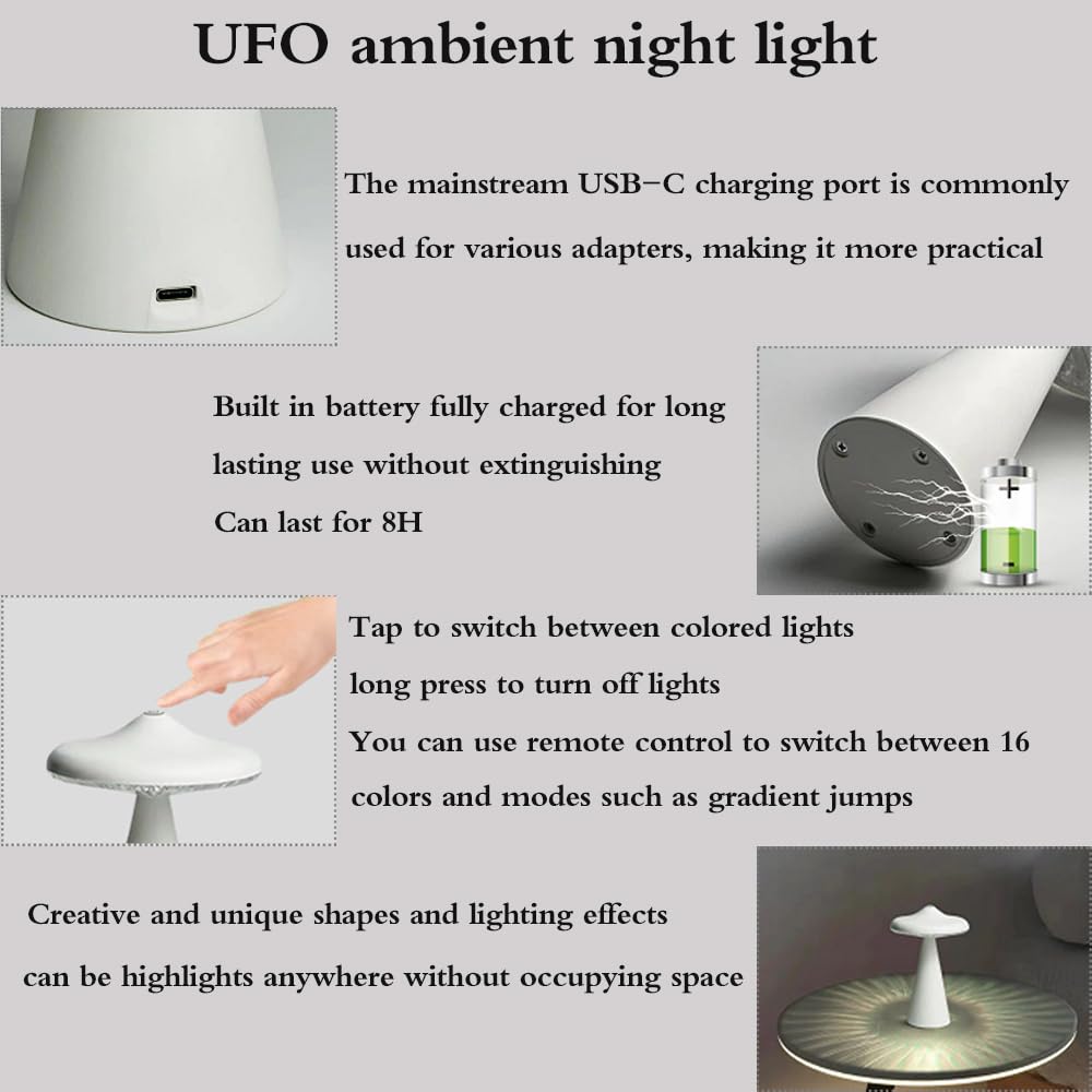 ANQIA UFO Led Night Light for Kids,Flicker-Free USB Rechargeable Light Bedside Desk Lamps with 3 Lighting Modes Birthday Halloween & Christmas Gifts