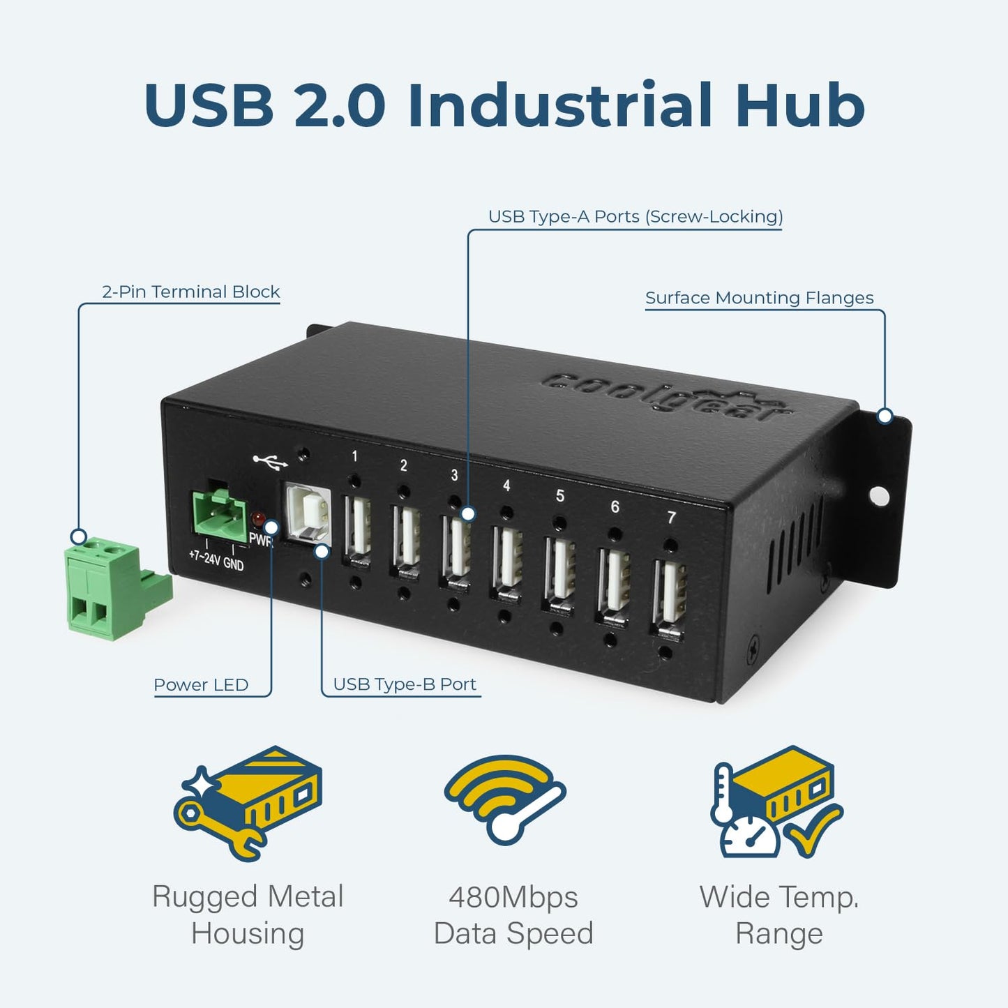 Coolgear Industrial 7 Port USB 2.0 Hub with NEC Chip, Surge Protection, Screw Lock Ports for Secure Connections, Surface & DIN Rail Mount Ready