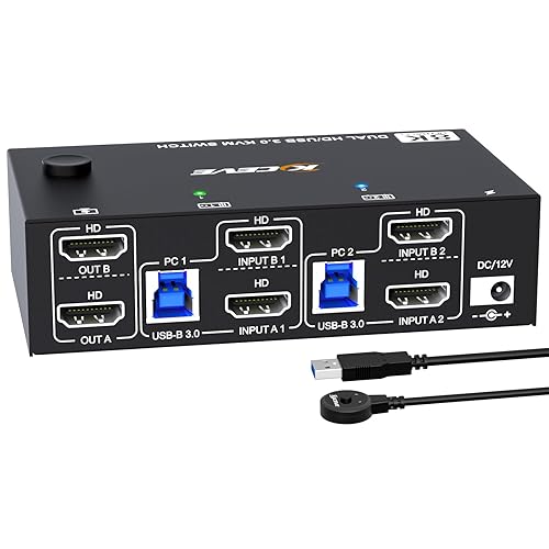 HDMI KVM Switch 2 Computers 2 Monitors, 8K@60Hz/4K@120Hz Dual Monitor KVM Switch for 2 PC Share 2 Monitors and USB3.0 Devices, with USB