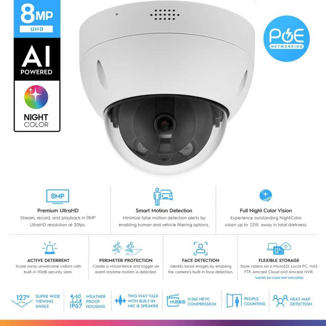 OHBET DahuaSecurity 4K 8MP PoE IP Camera, Smart Dual Light Outdoor Dome Camera with IK10 Vandal-Proof, Person/Vehicle/Animal Detection, Spotlight