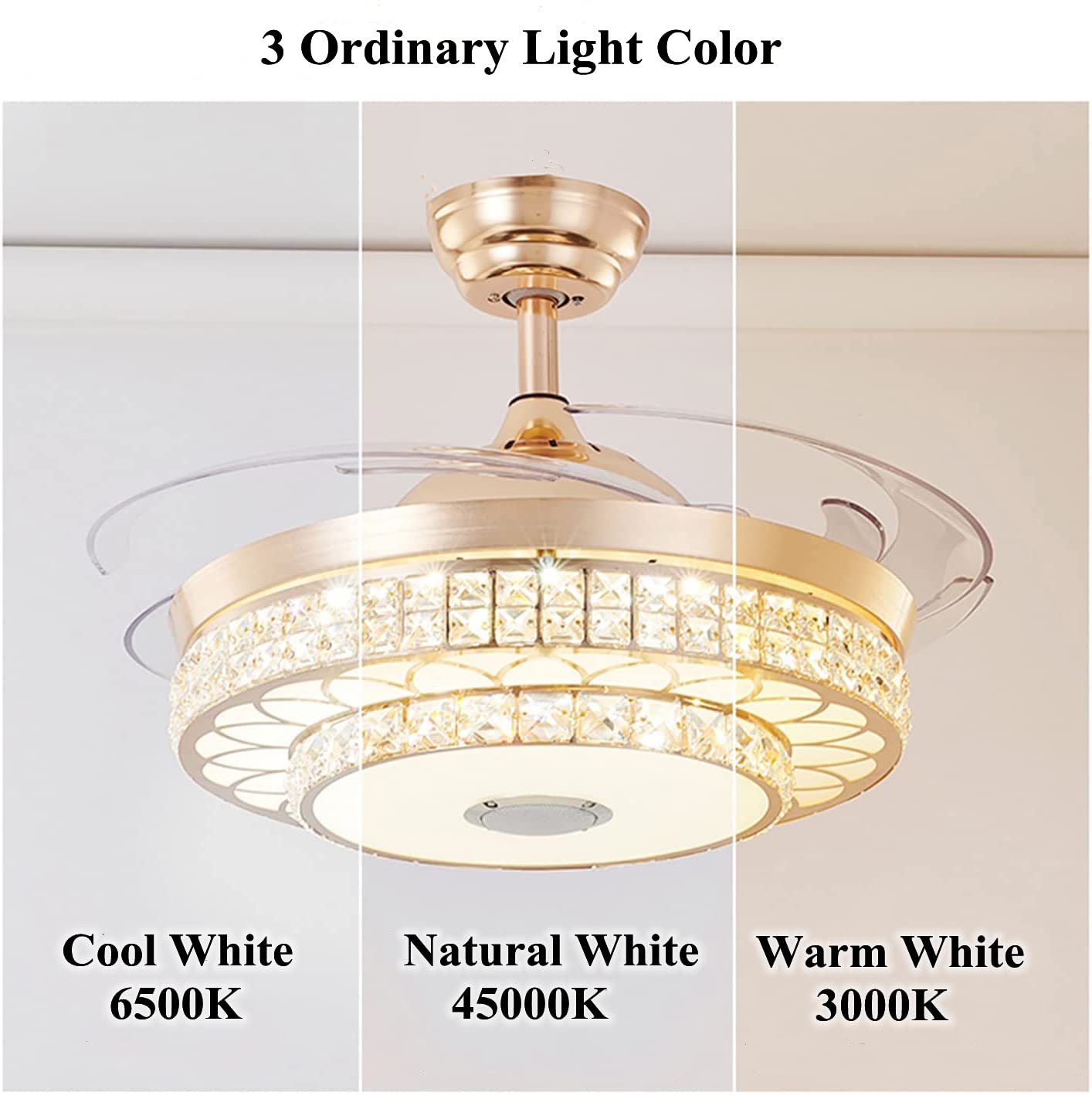 efperfect 42in Bluetooth Ceiling Fan with Lights Remote Control, Crystal Fandelier Retractable Blades LED Chandelier with Music Speaker Fan Fixtures