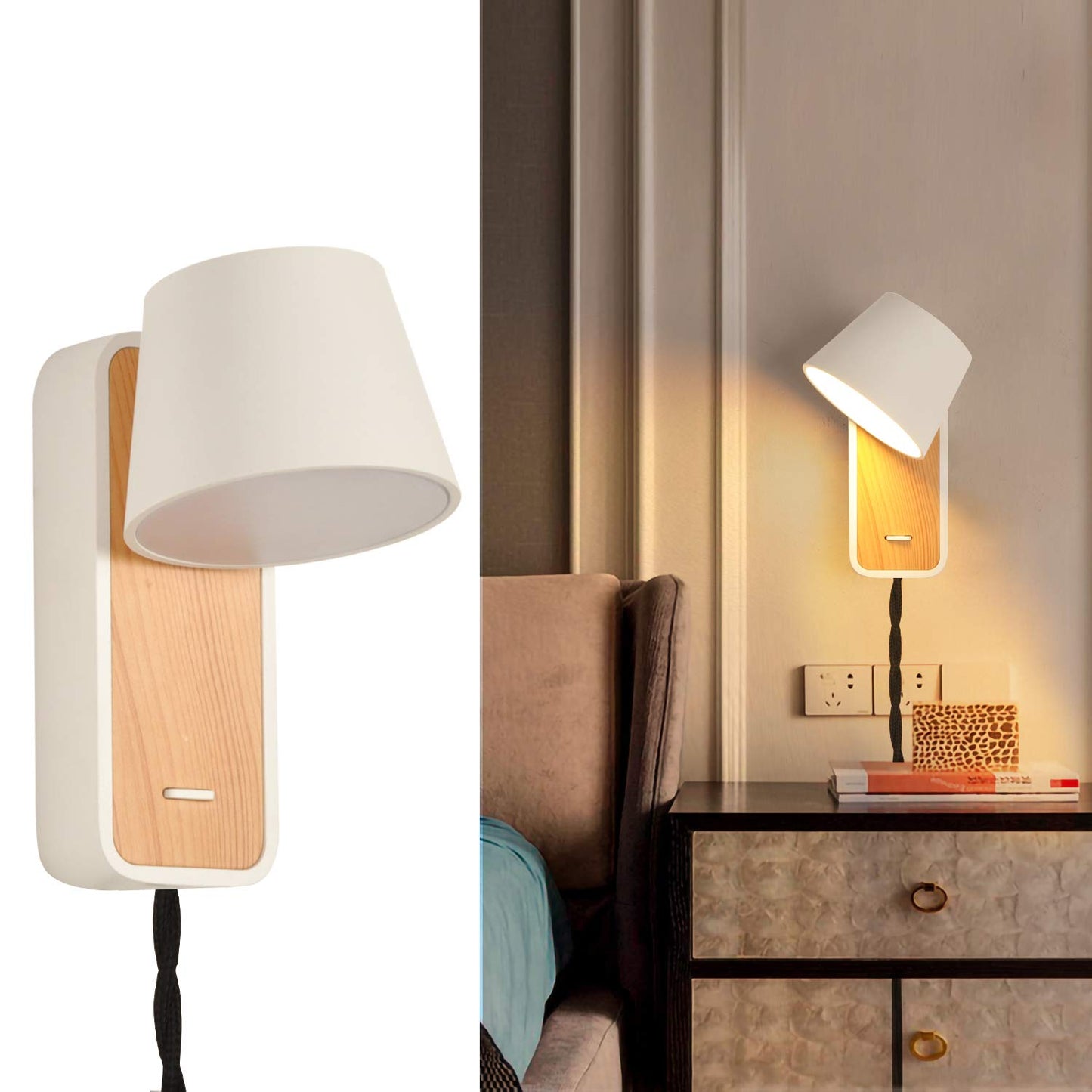 Modern Wall Lamp with Plug in Cord for Bedrooms Hallway Living Room, Indoor Contemporary Mounted Lighting Fixture,Nordic Bedside Rotatable Reading