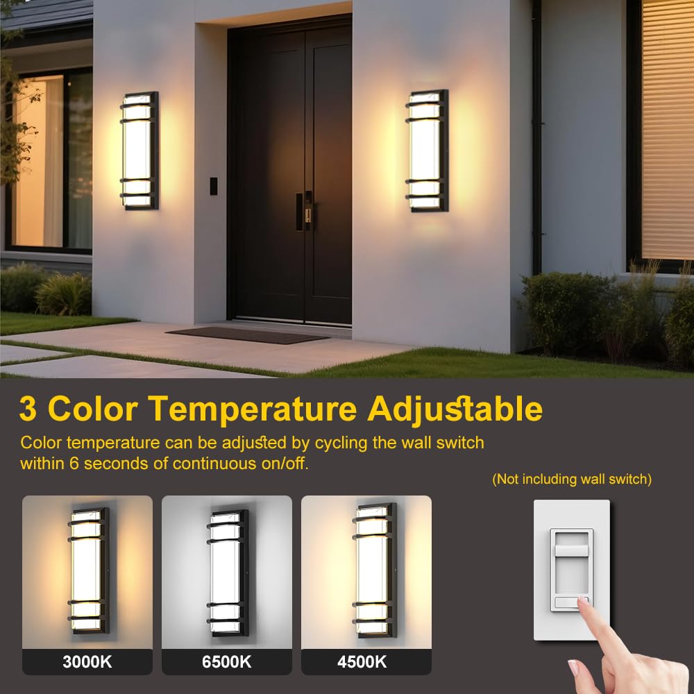 Cylutaes 2Pack Outdoor Wall Lights 16 Inch,Dimmable Exterior Wall Sconce,3000K-6000K Adjustable Color Temperature,IP65 Waterproof Black Porch Light