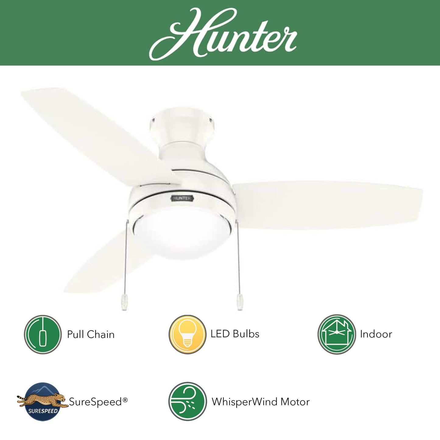 Hunter Fan 44 inch Fresh White Indoor Ceiling Fan with Light and Pull Chain for Bedroom, Living Room, Office, Basement, Kitchen (Renewed), CC5C27C65
