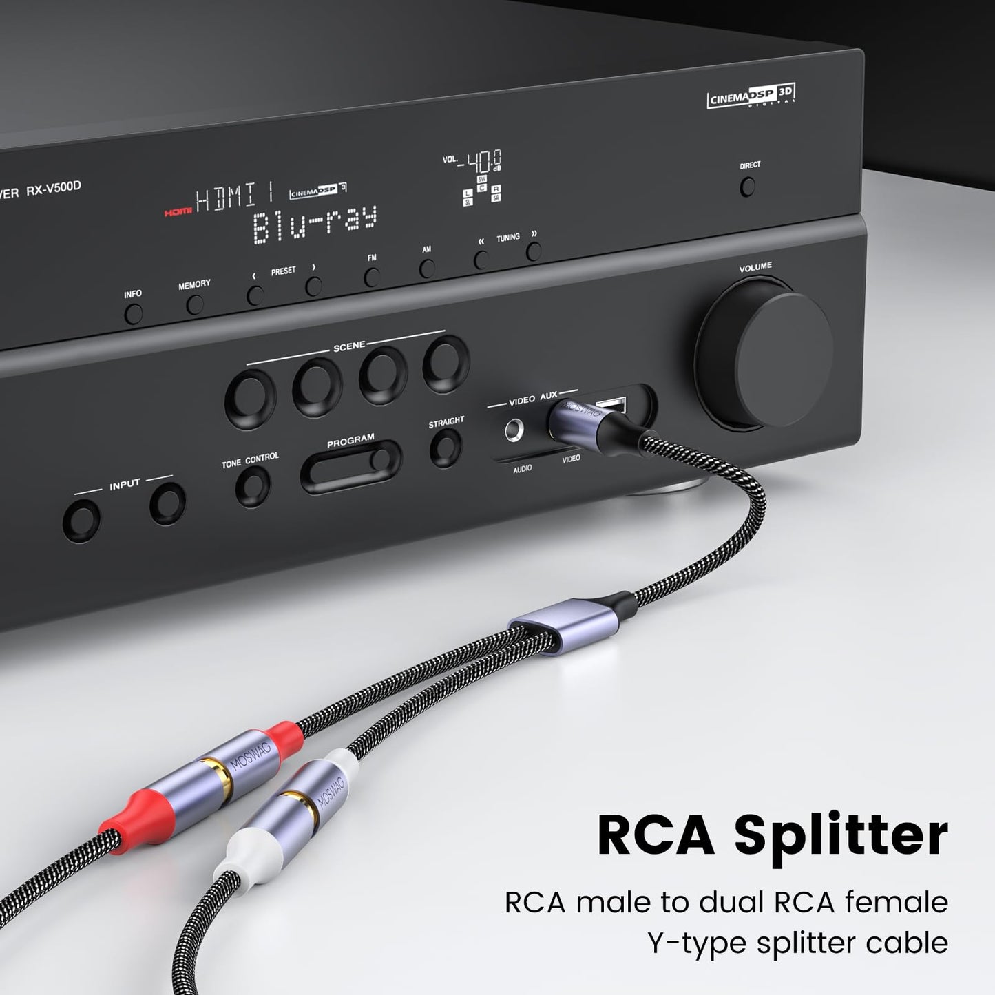 MOSWAG 1 Male to 2 Female RCA Splitter, RCA Y Splitter Cable Audio Video Splitter Adapter Extension Cord Compatible with subwoofers, Speakers, Home
