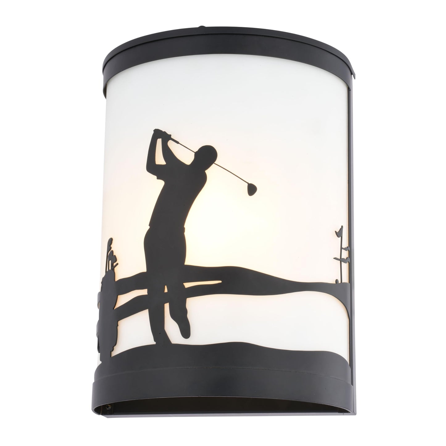 VAXCEL Links 1-Light 8 in. Wide Black Indoor-Outdoor Flush Mount Wall Sconce with Metal Golfer Cutout and Frosted White Glass Shade, Dimmable, LED