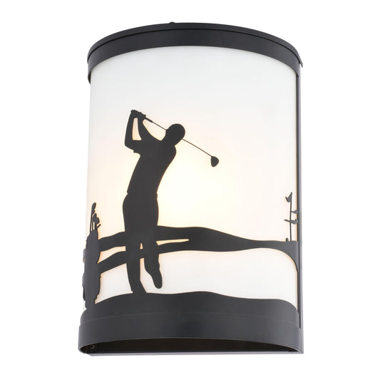 VAXCEL Links 1-Light 8 in. Wide Black Indoor-Outdoor Flush Mount Wall Sconce with Metal Golfer Cutout and Frosted White Glass Shade, Dimmable, LED