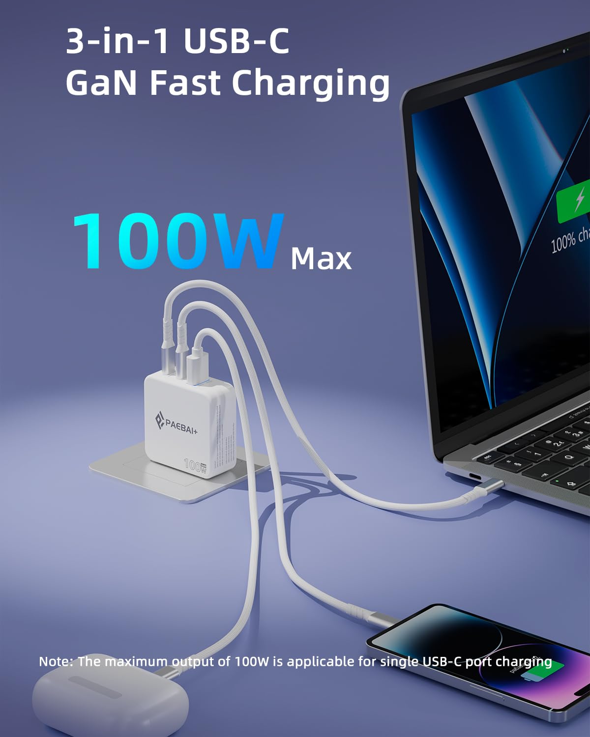 PAEBAI+ 100W USB C Charger Block, 3 Port GaN Foldable Compact Wall Fast Charger for MacBook, Dell XPS, iPhone 17 16 Series, Samsung Galaxy, iPad Pro