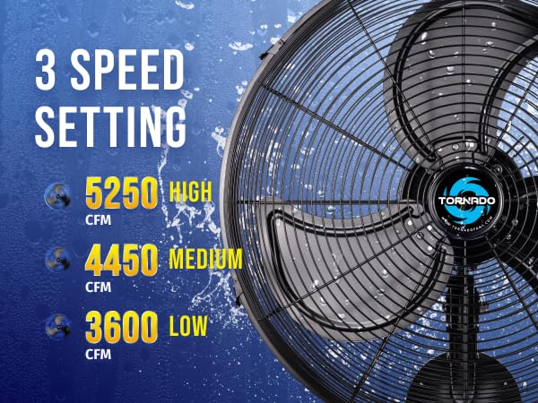 Tornado 20 Inch Pro Series High Velocity Oscillating Waterproof Outdoor Wall Mount Fan For Industrial, Commercial, Residential Use 3 Speed 5250 CFM UL