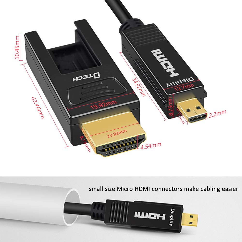 DTECH Fiber Optic HDMI Cable 50 Feet 4K 60Hz 444 Chroma Subsampling 18Gbps High Speed Ultra HD with Dual Connector Micro HDMI and Standard HDMI Cord