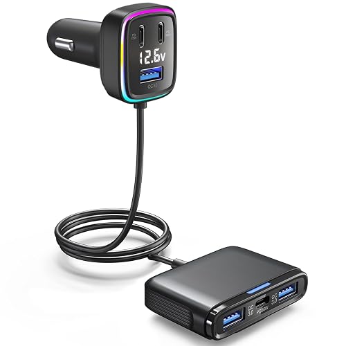 5FT Cable 115W 6-Port Multiport Car Charger, Cigarette Lighter USB Splitter PD 36W, QC3.0 USB C A Fast Charging,Back Seat Charging, Car Travel