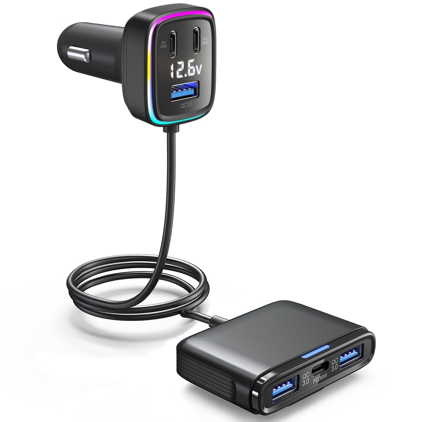 5FT Cable 115W 6-Port Multiport Car Charger, Cigarette Lighter USB Splitter PD 36W, QC3.0 USB C A Fast Charging,Back Seat Charging, Car Travel
