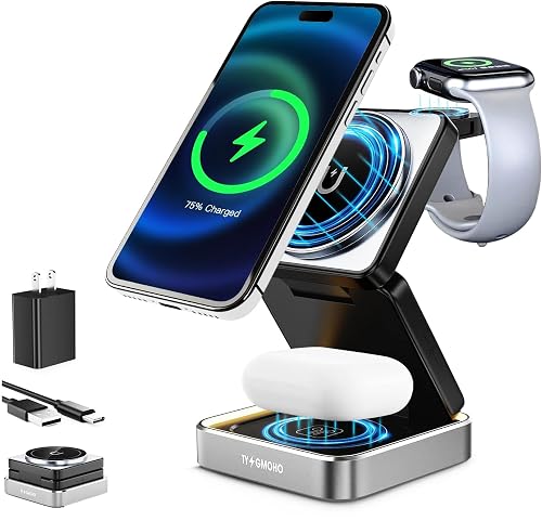 Portable 3 in1 Magsafe Wireless Charger Station for Apple iPhone, Multiple Devices, Foldable Travel Charging Stations, Magnetic Fast Charger