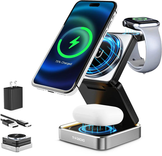 Portable 3 in1 Magsafe Wireless Charger Station for Apple iPhone, Multiple Devices, Foldable Travel Charging Stations, Magnetic Fast Charger