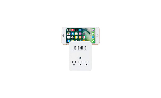 Surge Protection 3-Outlet Extender USB Wall Charger with 4 USB Charging Ports (4.8A Total), Phone Holder for Your Device, White, ETL Listed